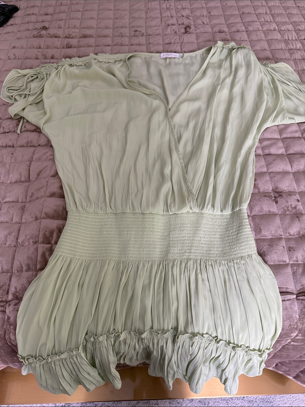Ramy Brook Light Sage Smocked-Waist V-Neck Tunic